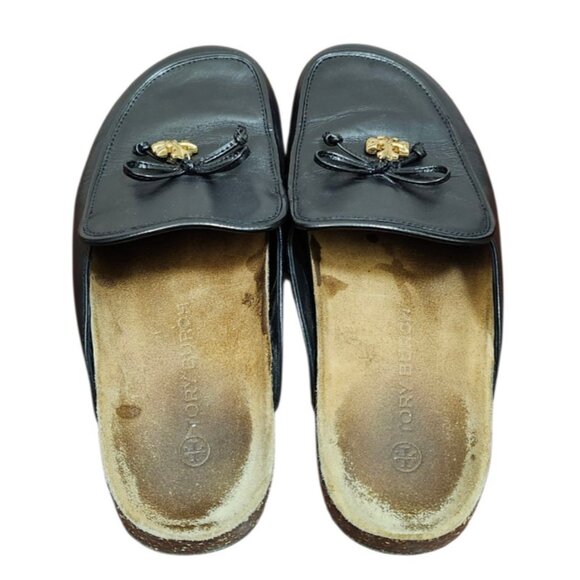 Tory Burch Charm Mules Flat Slip-on Black Genuine Leather Natural Cork US Size 7 - Picture 9 of 14